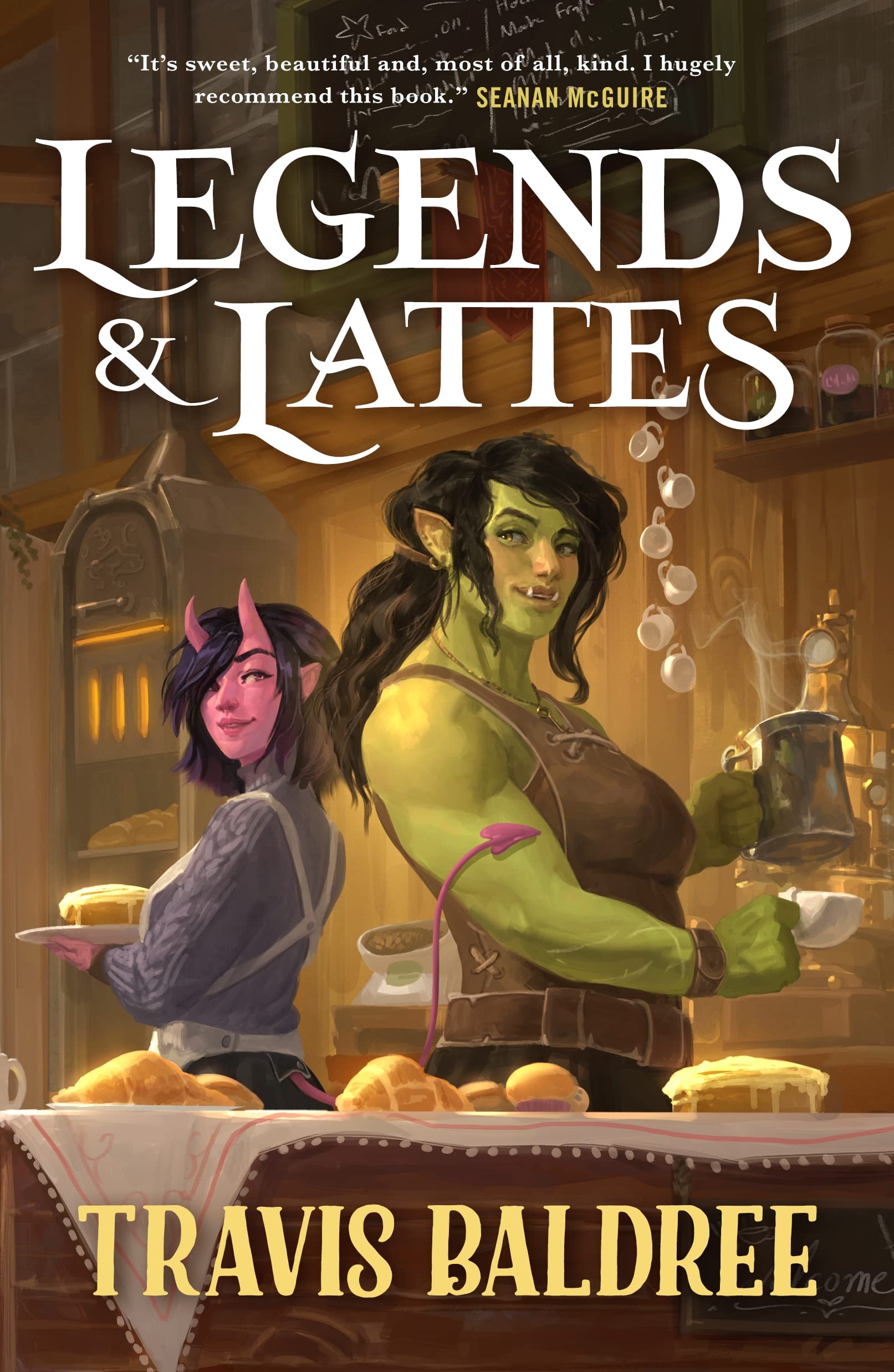 Book cover of Legends & Lattes by Travis Baldree - has two women, an orc and a devil standing back to back in a coffee shop.