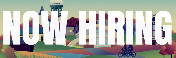 Now Hiring text in front of a graphic scene of Chatham, IL